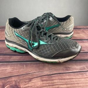 Mizuno Wave Rider 19 Womens Size 8.5 Silver And Teal Running Shoes Lace Ups